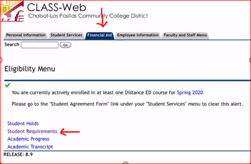 CLASS-Web student requirements screenshot