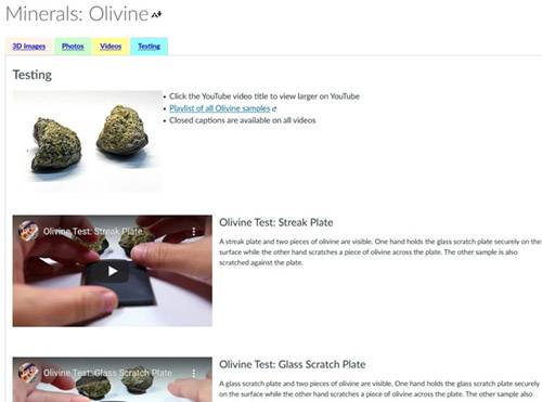 Virtual collection example. Shows olivine module with video examples