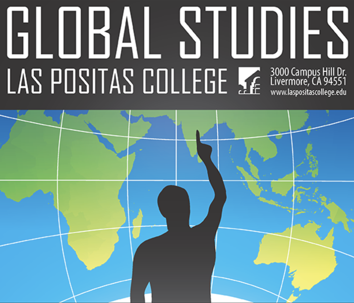 Global Studies logo, person pointing up at map of the world