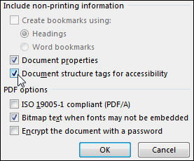 Check the box for Document structure tags for accessibility.