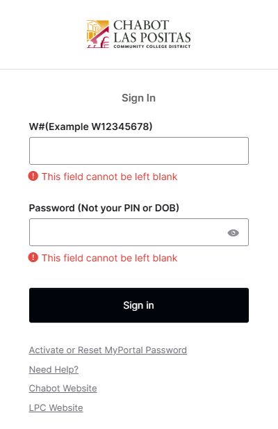 MyPortal Login Screen