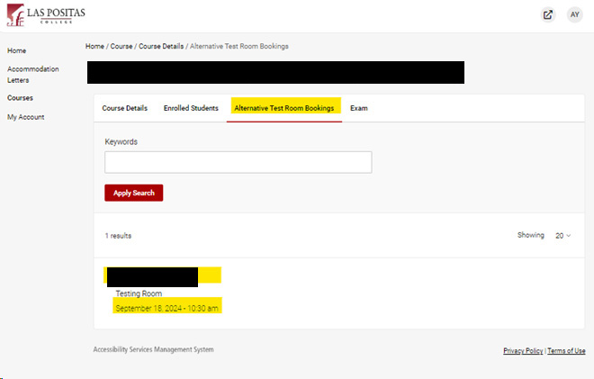 Alternative Test Room Bookings screen.