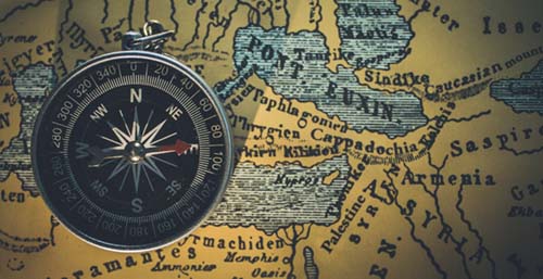 A compass on top of a map.