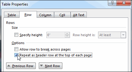 Check the box in front of Repeat as header row at the top of each page.