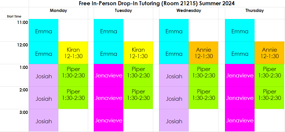 Schedule of Drop-In Tutoring for Summer 2024