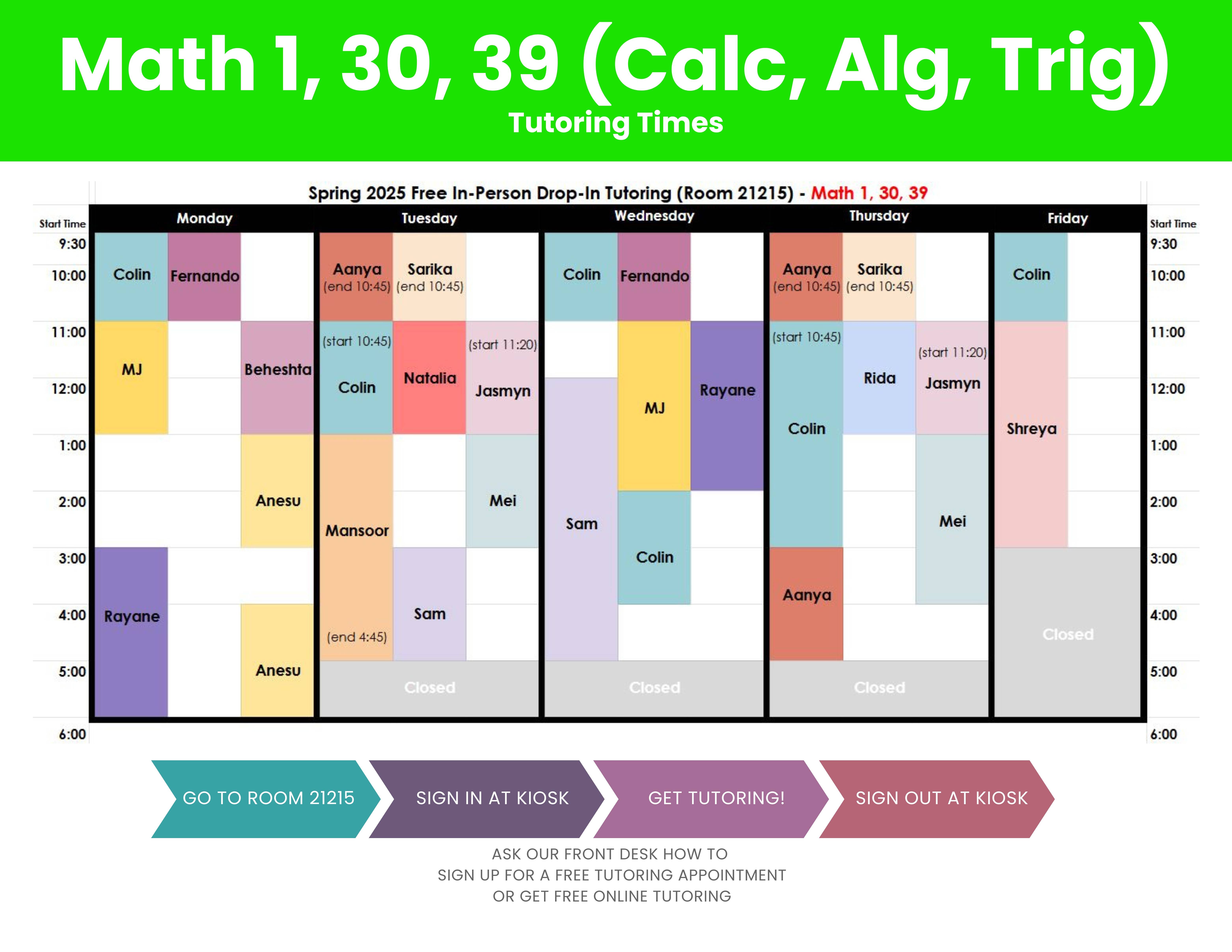 math drop in schedule