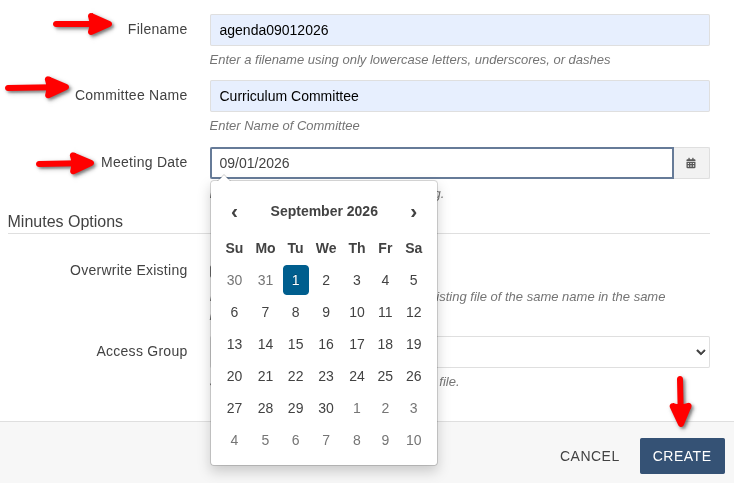 Page creation window with reguired fields.